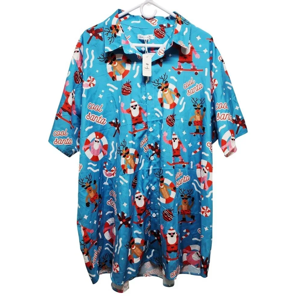 Cool Santa Blue Button-Up Men's Shirt Size 3XL By Dress For Adventure